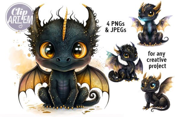 Download Cute Black Dragon Wall Art 4 JPEGs Set - Dragon Collection